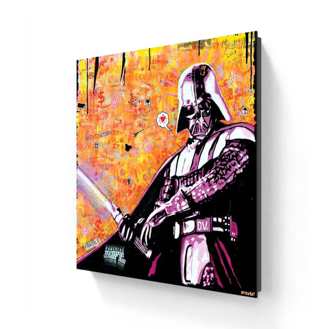 Darth Vader painted in black and pink tones against an orange backdrop.