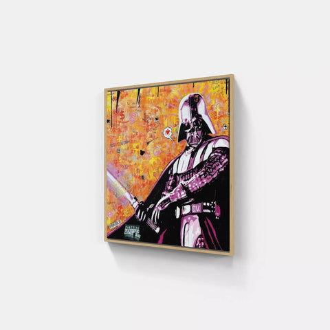 Painting of darth vader holding a sword on a wall