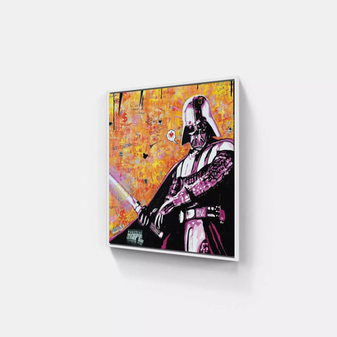 Painting of darth vader holding a sword on a wall