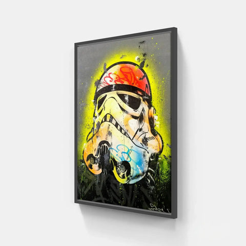 Framed Stormtrooper helmet graffiti art.