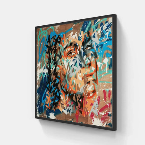 A painting of a woman’s face with colorful paint strokes