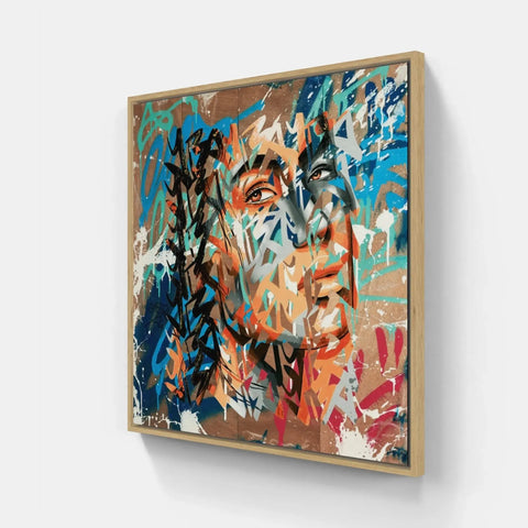 A painting of a woman’s face with colorful paint strokes