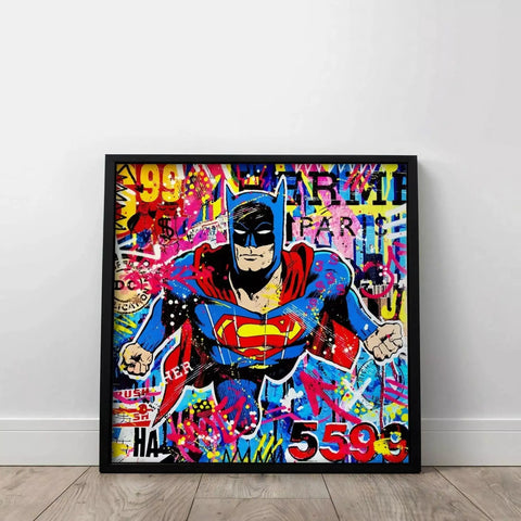 A framed painting of a superhero with graffiti on it