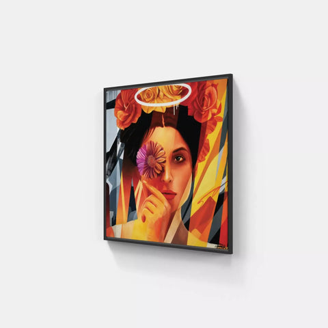 A framed print of a woman with flowers on her head