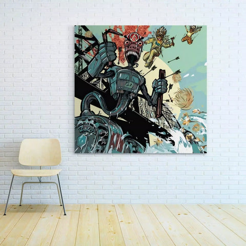 There is a picture of a painting of a man riding a motorcycle