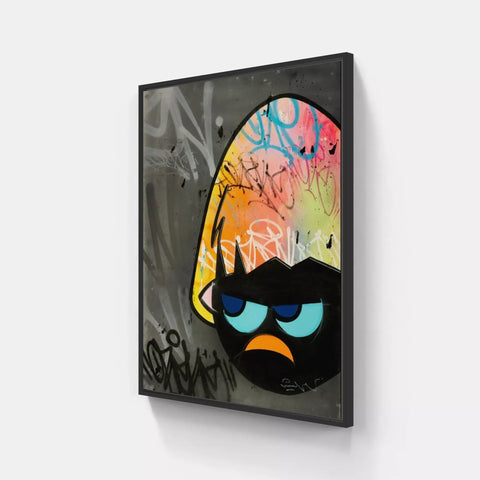 A painting of a bird with colorful graffiti on it