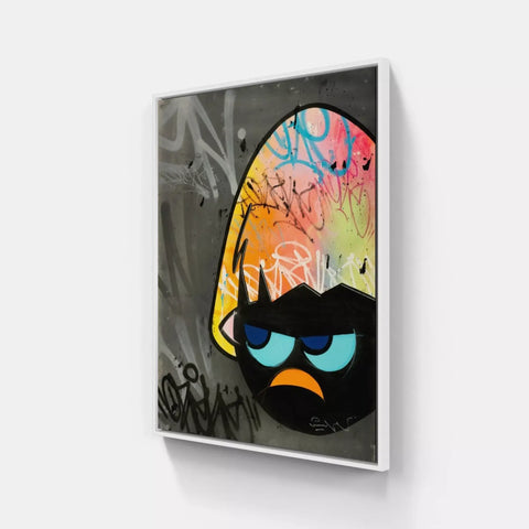 A painting of a bird with colorful graffiti on it