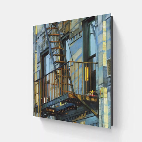 A painting of a building with a ladder on the side