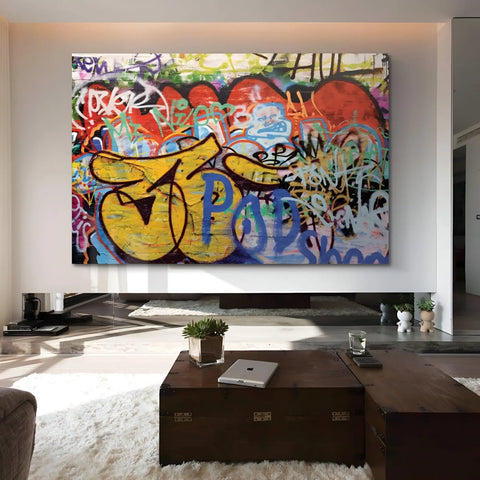 A large painting on the wall in a living room