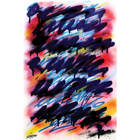 Abstract brush strokes in blue, pink and yellow