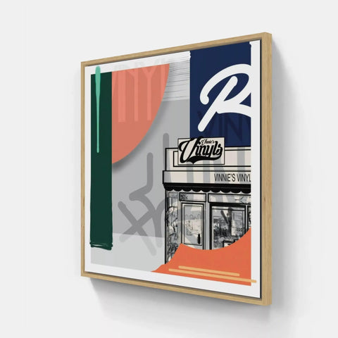 A framed print of a storefront with a colorful design