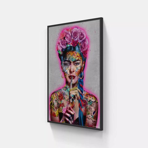 A framed print of a woman with tattoos and roses