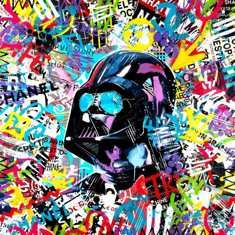 A painting of a darth vader with many different colored graffitis