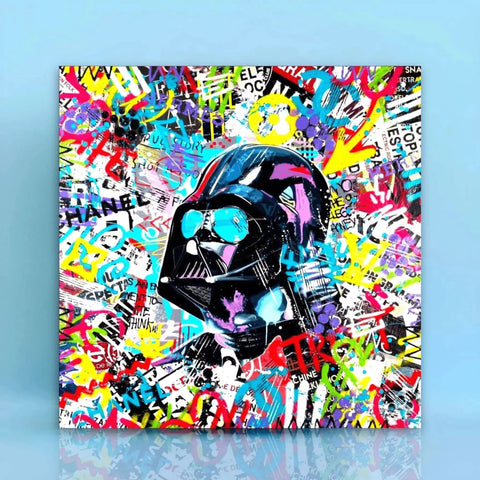 A star wars themed canvas with a dart helmet on it