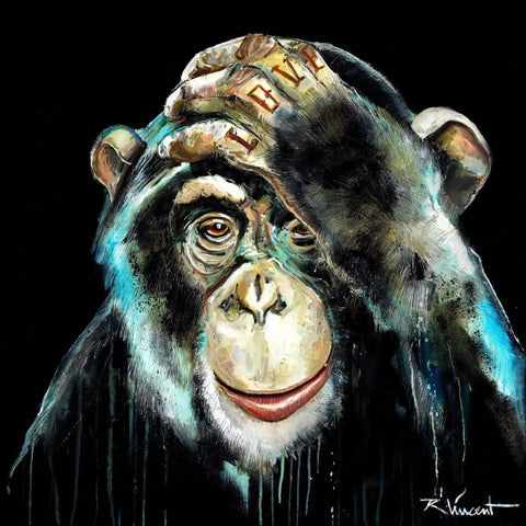 A painting of a monkey with a hat on