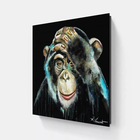 A painting of a monkey with a banana on its head