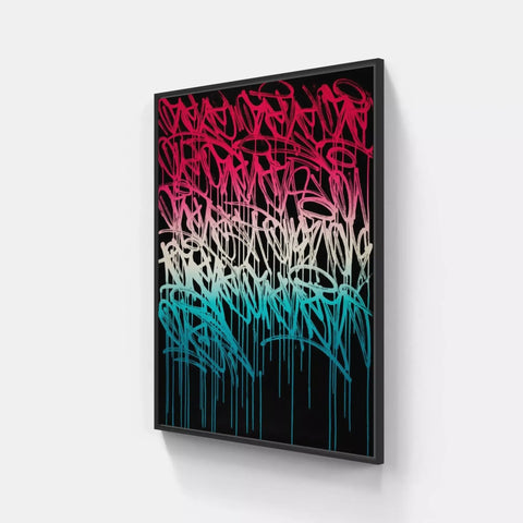 A black framed canvas with graffiti art on it