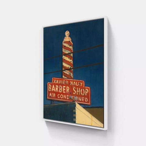 A painting of a sign that says barber shop