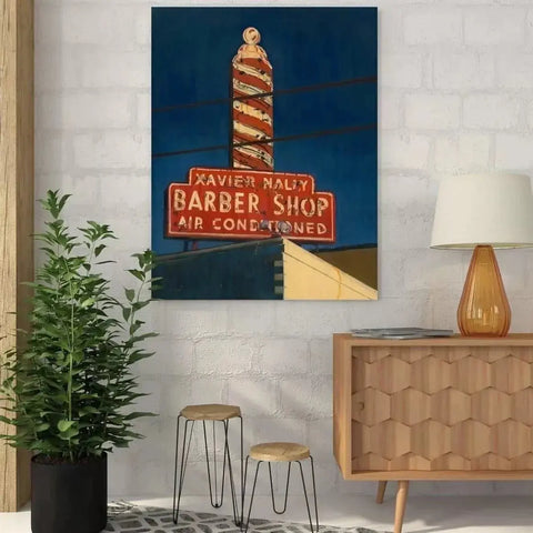 A painting of a lighthouse on a wall